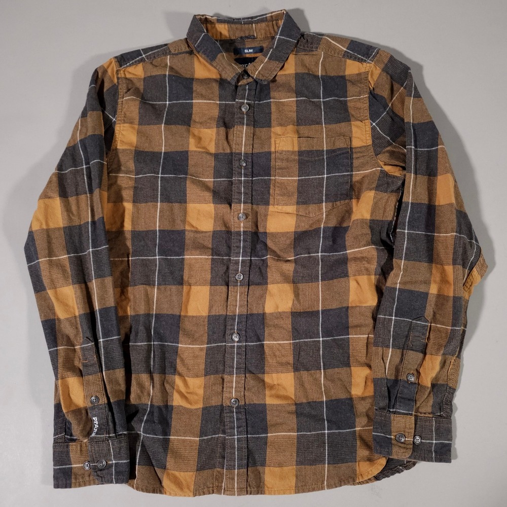 Prana Button Down Mens Medium Brown Plaid Slim Fit Organic Cotton Flannel Shirt